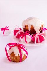 Easter cake and easter eggs  on a white background. Selective fo