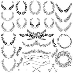 Vector Collection of Black Line Laurels, Floral Elements