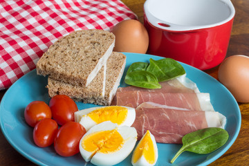boiled eggs with ham and bread breakfast on blue plate