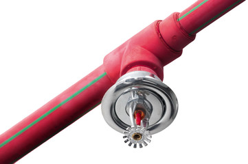 Fire sprinkler on red pipe - obrazy, fototapety, plakaty