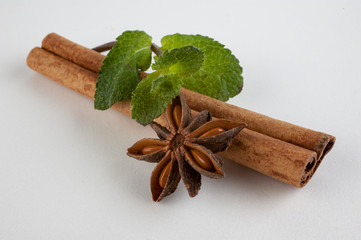 cinnamon, star anise and mint on white background