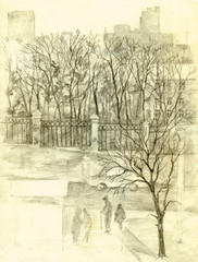 Pencil sketch of the cityscape. Park fence along road