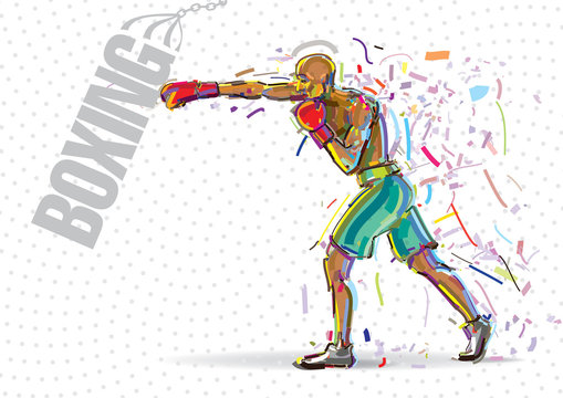 Boxing training. Artwork in the style of paint strokes.