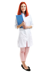 Fototapeta premium Young beautiful doctor with clipboard isolated on white
