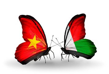 Two butterflies with flags Vietnam and Madagascar