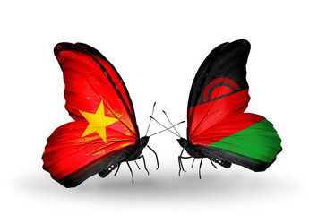 Two butterflies with flags Vietnam and Malawi