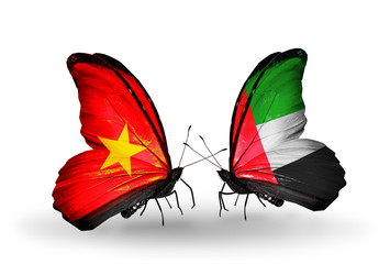 Two butterflies with flags Vietnam and United Arab Emirates