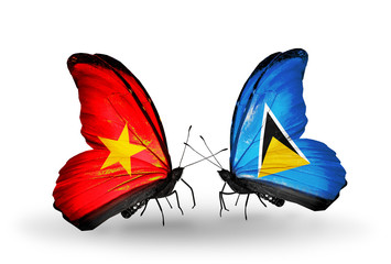 Two butterflies with flags Vietnam and Saint Lucia