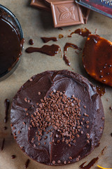 homemade chocolate torte cake on baking paper