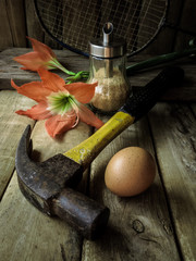 Still life with steel hammer and egg on wood table background