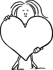 woman hold big heart - black line vector illustration