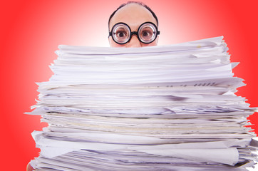 Funny man with lots of folders on white