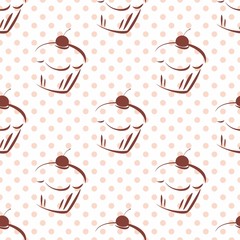 Tile vector cupcakes pattern pink polka dots white background