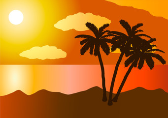 Fototapeta na wymiar Vector illustration. Sunset in the ocean, beach, palm tree