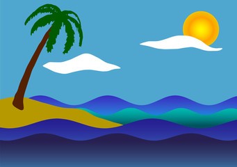 Fototapeta na wymiar Vector illustration. Palm tree, the sea and waves.