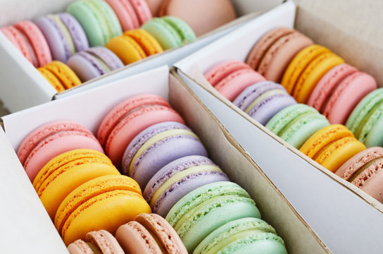 Set of pastel colored macaroon in the boxes