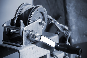 Manual all purpose winch closeup monochrome photo
