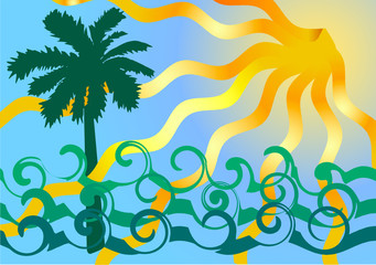Fototapeta na wymiar Vector illustration of vocation. Ocean waves and palm tree.