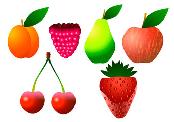 Fruits. Apricot, raspberry, pear, apple, cherry and strawberry.