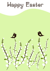 Card for Easter with branches of willow and little birds