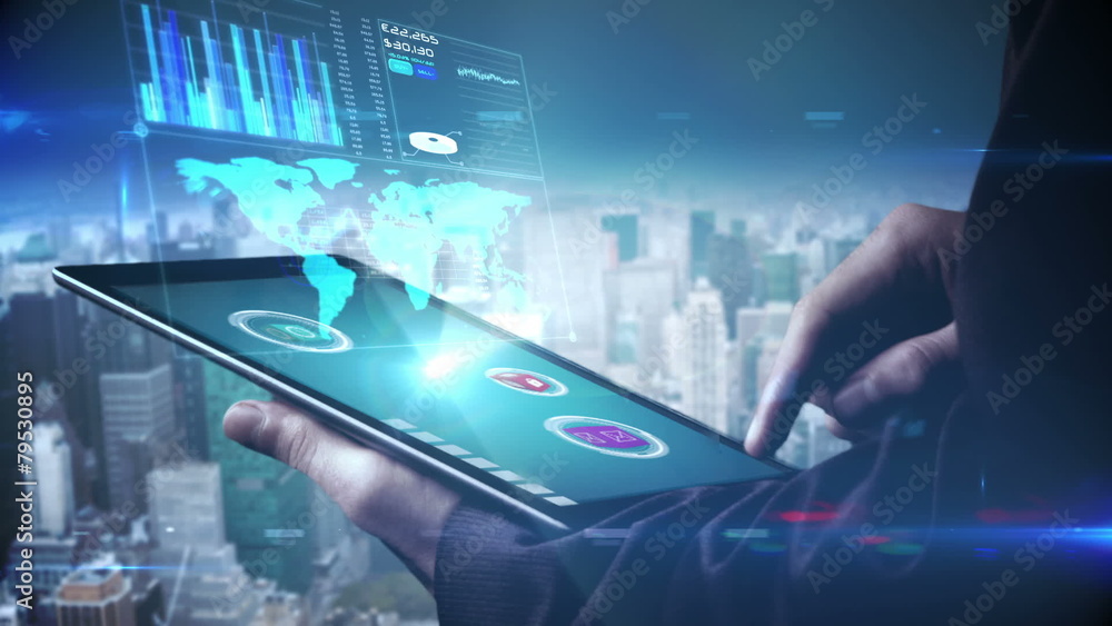 Poster businessman using tablet to view holographic interface