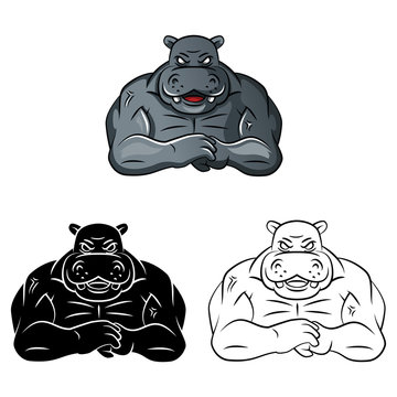 Coloring book Hippo strong cartoon character