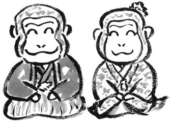 紋付袴と振袖の猿