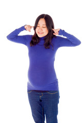 Pregnant asian woman isolated on white pluging her hears