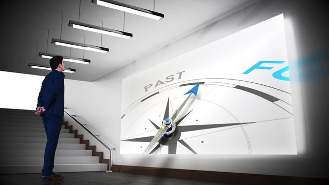 Businessman viewing past amd future compass clip