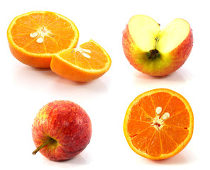 red apple and orange isolated on white background