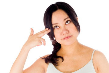 Pregnant asian woman isolated on white shouting herself