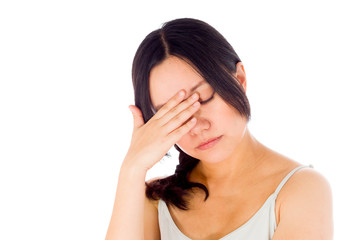 Pregnant asian woman isolated on white shame upset