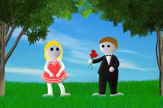 Illustration of boy giving a girl a bouquet roses.