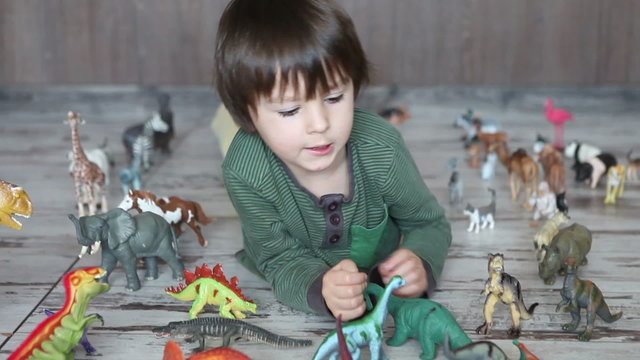 Happy little boy, playing with dinasours at home