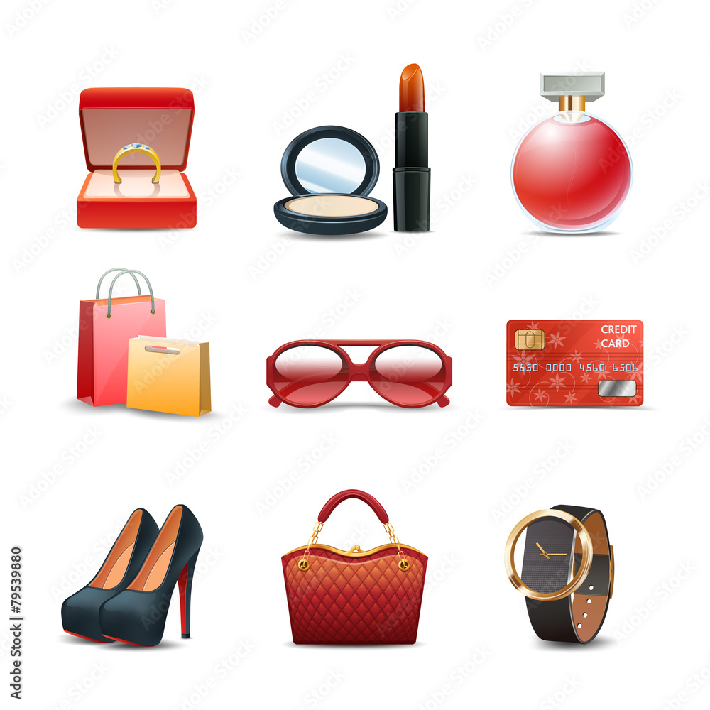 Sticker women shopping icon set