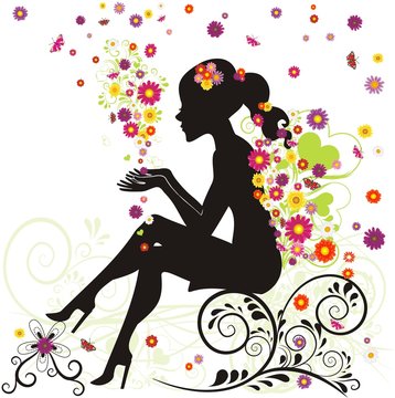 Frau mit Blüten und Schmetterlingen