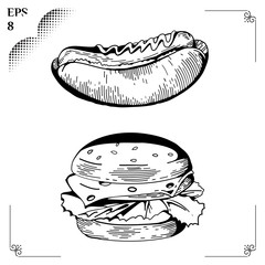 Hot dog. Hamburger. Fast food delicious