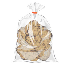 Potatoes. Transparent bag for food
