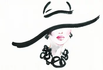 Foto auf Acrylglas Aquarell Gesicht Frauenportrait mit Hut