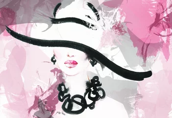 Foto op Plexiglas Aquarel portret vrouwenportret met hoed