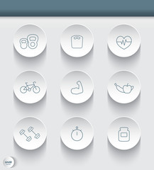 line blue gray fitness icons on round 3d shapes