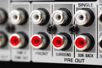 RCA sockets of audio surround receiver amplifier