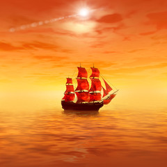 Sunrise. Lonely sailing ship