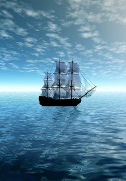 Lonely sailing ship in ocean