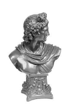 Silver bust sculpture of Apollo Belvedere isolated over white
