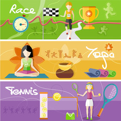 Race, yoga and tennis concept