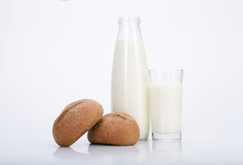 Fresh milk and crispy bread. Still life