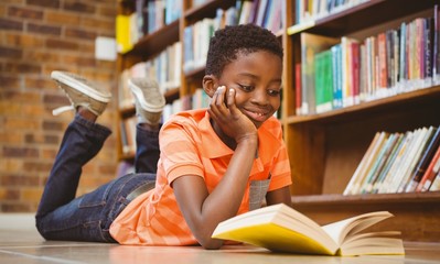 Cute african american boy reading book in library - Powered by Adobe