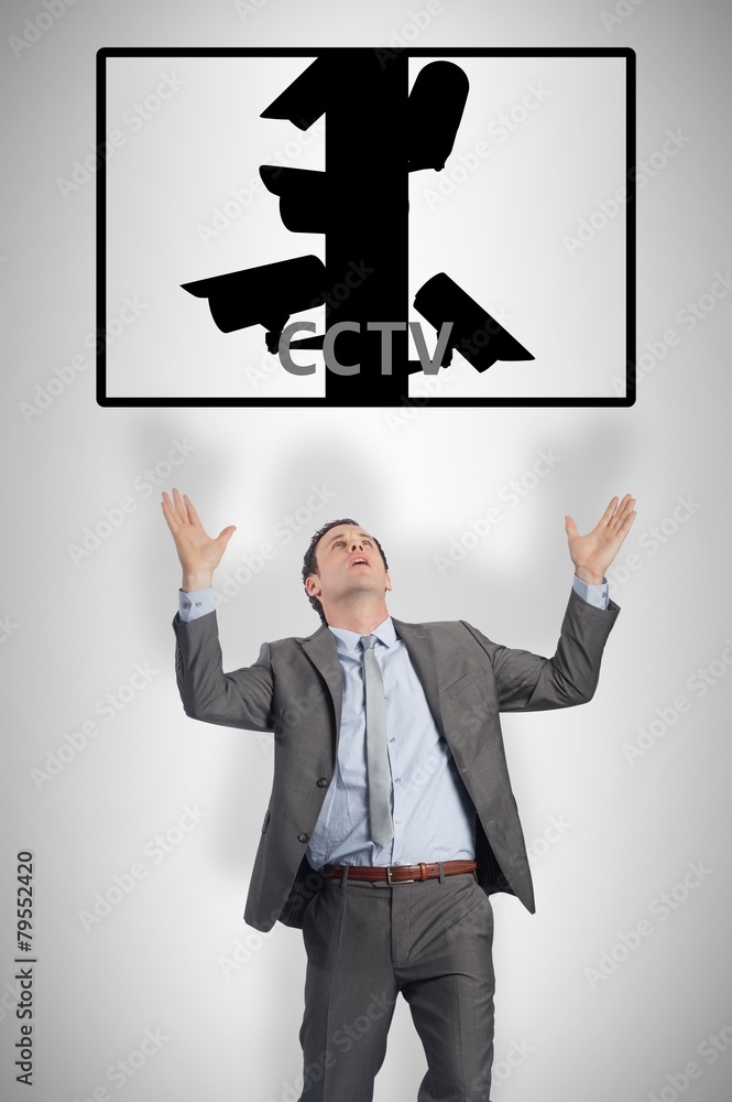 Poster composite image of businessman posing with arms raised