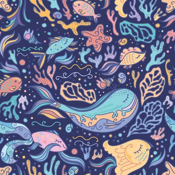 Cute blue pattern with sea animals © Kisika